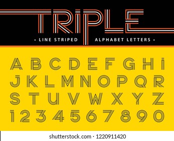 Vector of Modern Alphabet Letters and numbers, Triple Line Stripes Font, Parallel stylized, Three Lines for each letter, Minimal Light Letters set for Fashion, Futuristic, Technology, Gift Ribbon