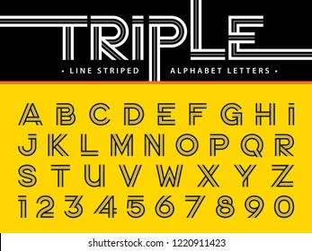 Vector of Modern Alphabet Letters and numbers, Triple Line Stripes Font, Parallel stylized, Three Lines for each letter, Minimal Bold Letters set for Fashion, Futuristic, Technology, Gift Ribbon