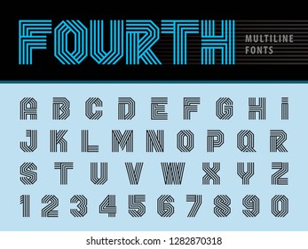 Vector of Modern Alphabet Letters and numbers, Multi Line Font, Four Lines for each letter, Letters set for Fashion, Sport, Party, Gift Ribbon, school, army, power, academy, College, Varsity, gym