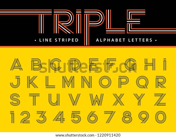 現代のアルファベットの文字と数字のベクター画像 三重線の縞フォント 並行スタイル化 各文字に3行 ファッション 未来的 テクノロジー ギフトリボン 用の最小明るい文字セット のベクター画像素材 ロイヤリティフリー