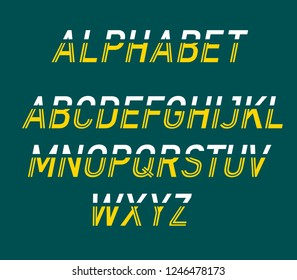 Vector modern alphabet of two colors cut by stripe.