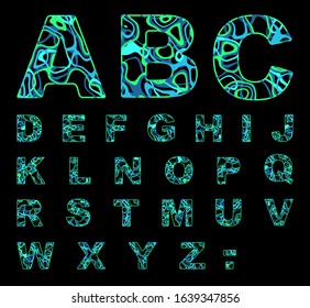 Vector modern alphabet. Wave colorfull lines on black background.  isoleted abc