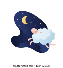 Vector modern animal illustration. Trendy style poster about sleep, dream, relax, counting sheeps, insomnia, baby sleep. Cute jumping sheep on night background with moon, stars and cloud.