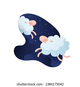 Vector modern animal illustration. Trendy style poster about sleep, dream, relax, counting sheeps, insomnia, baby sleep. Two jumping sheeps on night background with stars and cloud.