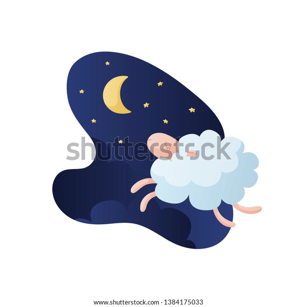ベクターモダンな動物のイラスト 睡眠 夢 リラックス 羊の数を数える 眠れない 赤ちゃんの睡眠に関するトレンディーなポスター 月 星 雲のある夜の背景に かわいいジャンプする羊 のベクター画像素材 ロイヤリティフリー