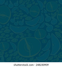 Vector modern apple fruit seamless pattern with dark background. Hand-drawn.