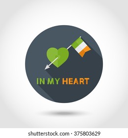 Vector Modern Arrow with Ireland Flag in green Heart sign,symbol,icon with text In my Heart in flat style isolated on a circle .St. Patrick Day