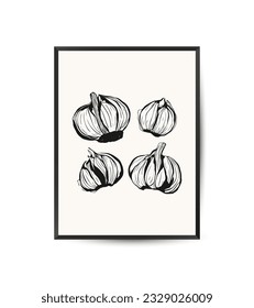 Modernes Kunstposter mit Knoblauch. Ästhetischer minimalistischer Stil. Handgezeichnete Illustration.