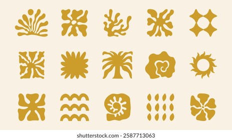 Vector modern art print elements in simple floral wavy and groovy naive style, ocean and vacation theme,  flowers and plants, floral botanic hand drawn design templates, modern art prints