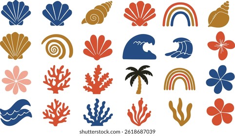 Elementos de impresión de arte moderno de Vector en estilo floral simple ondulado y groovy naive, océano y vacaciones