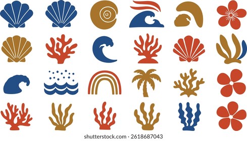 Vector modern art print elements in simple floral wavy and groovy naive style, ocean and vacation