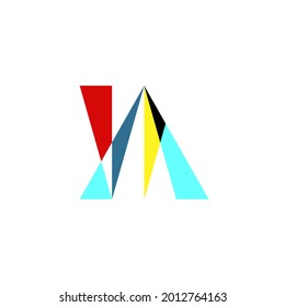 Modernes, asymmetrisches Logo-Design mit türkisen, roten, gelben und schwarzen Farben. Ungewöhnlicher Dreieckslogotyp auf weißem Hintergrund