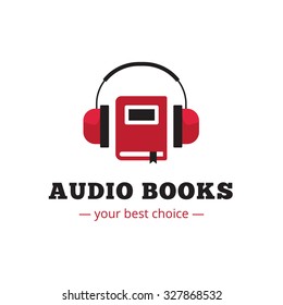 Vector modern audio books store logo. Red book and headphones logotype.