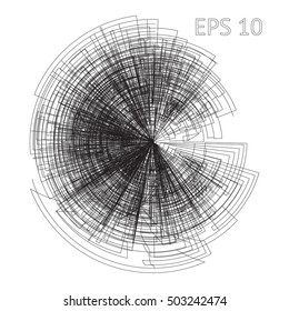 Vector modern background with grunge tangled round shape in the center. Geometric black lines imitating scratch effect on the paper. Perfect design for your business presentation. Big data concept.