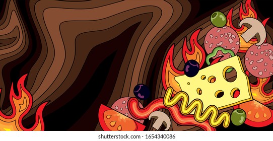 
Vector modern background with place for text and with ingredients for fast food, restaurant, cafe, street food, menu, flyers, sites, banners.