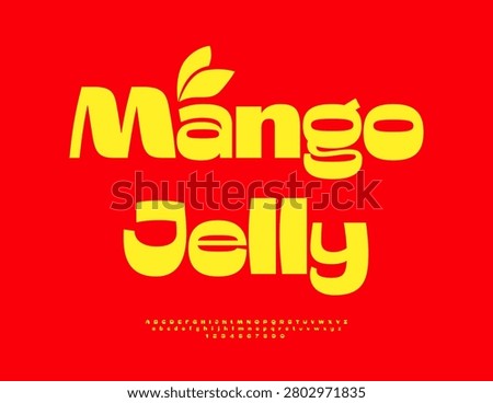 Vector Modern badge Mango Jelly. Stylish Yellow Font. Exclusive Cool Alphabet Letters and Numbers set.