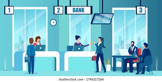 Vector of a modern bank office interior with managers, cashiers, employees and customers characters.