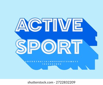 Vector Modern Banner Active Sport. Einzigartige 3D-Schrift mit großem blauen Schatten. Kreativ Cool Alphabet Buchstaben und Zahlen gesetzt.