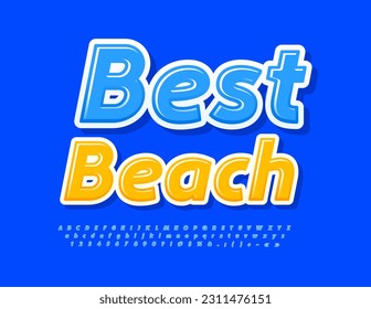 Vector modern Banner Best Beach. Bright Blue Font. Artistic Alphabet Letters and Numbers set. 