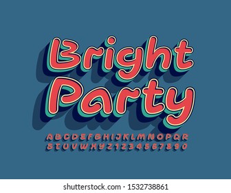Vector modern banner Bright Party. Handwritten 3D Font. Creative Uppercase Alphabet Letters and Numbers