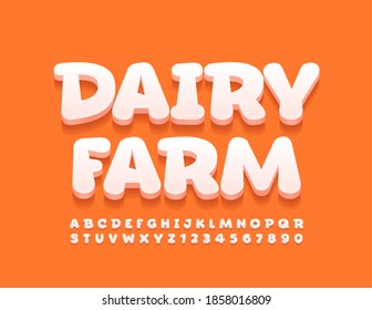 Banner vectorial moderno Dairy Farm. Fuente 3D blanca. Juego de letras y números de alfabeto