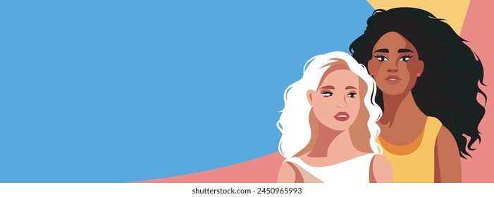 Vector modern banner design with space for text, beautiful young women of different nationalities and skin colors on a gentle blue pink background. Movement for gender equality and women's empowerment