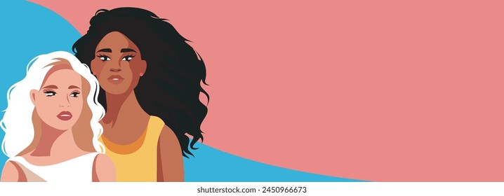 Vector modern banner design with space for text, beautiful young women of different nationalities and skin colors on a delicate pink blue background. For gender equality and women's empowerment