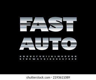 Banner moderno Vector Fast Auto. Fuente metálica negrita. Conjunto de letras y números de alfabeto de acero reflexivo