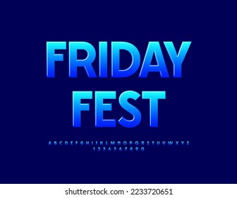 Vector modern banner Friday Party. Blue Glossy Font. Artistic Alphabet Letters and Numbers