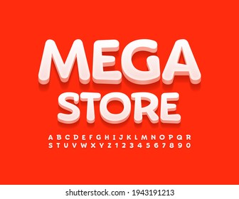 Vector modern banner Mega Store. Creative style Font. White Alphabet Letters and Numbers set