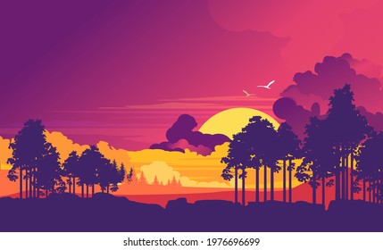 Vector modern banner minimalistic landscape of evening nature sunset wilderness in purple neon colors