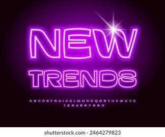 Vector modern banner New Trends. Bright Neon Font. Stylish Violet Alphabet Letters and Numbers set.