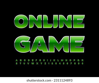 Pancarta moderna Vector Juego en línea. Fuente verde y metálica brillante. Conjunto de letras de alfabeto, números y símbolos de estilo técnico 