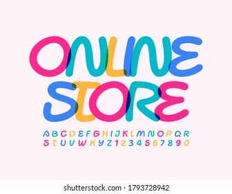 Vector modern banner Online Store. Creative colorful Font. Handwritten bright Alphabet Letters and Numbers
