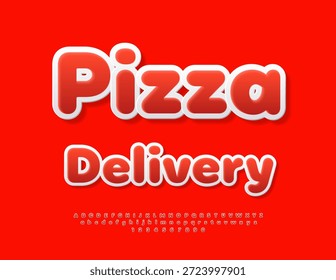 Vector Anuncio moderno Pizza Entrega. Fuente roja de moda. Conjunto de letras y números de alfabeto creativo brillante.