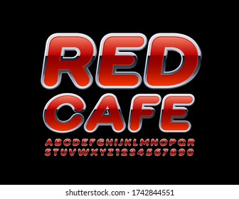 Vector modern banner Red Cafe with Metallic Font. Shiny Alphabet Letters and Numbers