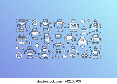 Vector modern banner with robot icons on blue background. Robots concept illustration