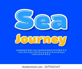 Vector modern banner Sea Journey. Stylish Blue Font. Unique Glossy Alphabet Letters and Numbers set.