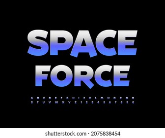 Vector modern banner Space Force. Purple metallic Font. Creative set of Alphabet Letters and Numbers