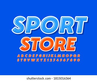 Banner vectorial moderno Sport Store. Fuente brillante naranja. Letras y números de alfabeto creativos