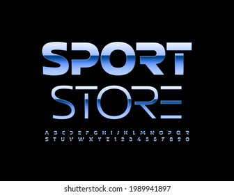 Vector modern banner Sport Store. Metallic cosmic Font. Shiny Creative Alphabet Letters and Numbers set