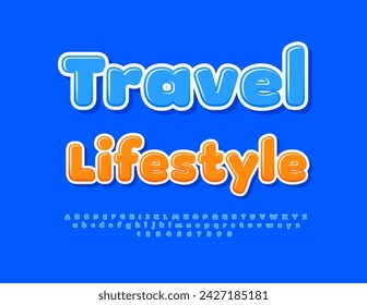 Vector modern banner Travel Lifestyle. Creative Blue Font. Set of Artistic Alphabet Letters and Numbers.