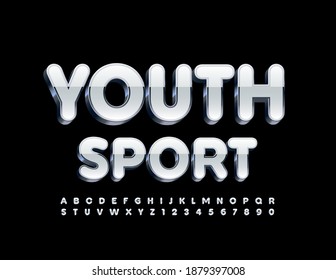 Vector modern banner Youth Sport. 3D Reflective Font. White and Metal Alphabet Letters and Numbers set