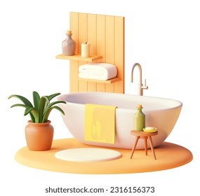 Modernes, modernes Badezimmer mit weißer Badewanne. Holzregale, Pflanzen in Blumentopf und Stuhl