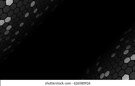 Vector modern black background. Dark Grey gradient honeycomb. Hexagon. Diagonal fond. Perspective. Horizon. Digital back.
