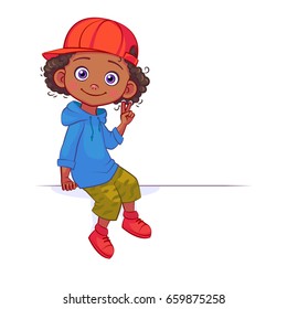 Vector Modern Black Boy In A Red Baseball Cap Shows A Victory Hand Gesture Of Two Fingers, Sitting On A Big White Banner. Cool Kids Character With Billboard.