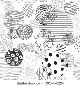 Vector modern black and white seamless background with hand drawn abstract round elements, doodles. Use it for wallpaper, textile print, pattern fill, web, texture, wrapping paper, design presentation