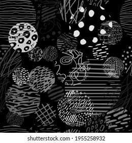 Vector modern black and white seamless background with hand drawn abstract round elements, doodles. Use it for wallpaper, textile print, pattern fill, web, texture, wrapping paper, design presentation