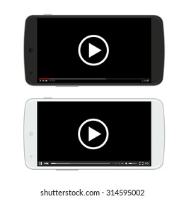 Vector modern black and white smart phones with video player on white