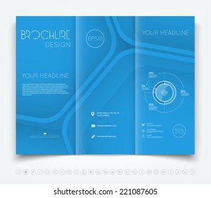 Vector modern blue tri-fold brochure design template with colorful abstract 3d background